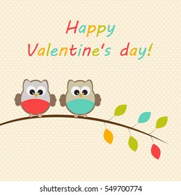Vector greeting card on the theme of Valentine's day celebrations. Lovers owls sitting on a tree branch with colorful leaves and a congratulatory inscription.