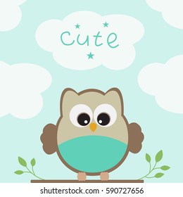 Vector greeting card on the theme of birds and nature. Cute owl sitting on a tree branch, among the clouds.