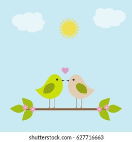 Vector greeting card on the theme of nature. Lovers of bird sitting on a branch among the clouds.