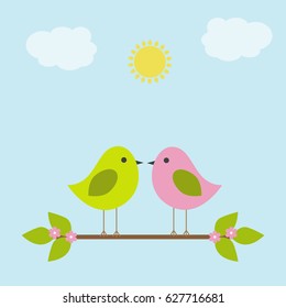 Vector greeting card on the theme of nature. Lovers of bird sitting on a branch among the clouds.