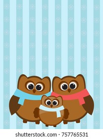 Vector greeting card on the theme of celebrating the New year. Cute family of owls standing in an embrace.