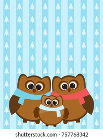 Vector greeting card on the theme of celebrating the New year. Cute family of owls standing in an embrace.