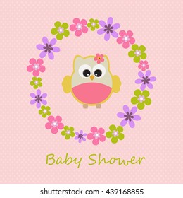 Vector greeting card on the topic of children. Baby shower. Little girl owl in the flowers.
