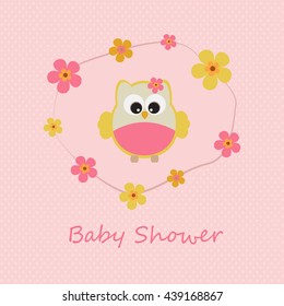 Vector greeting card on the topic of children. Baby shower. Little girl owl in the flowers.