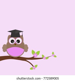 Vector greeting card on the topic of study. Cute owl with glasses and hat, sitting on a branch.
