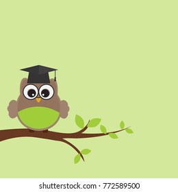 Vector greeting card on the topic of study. Cute owl with glasses and hat, sitting on a branch.