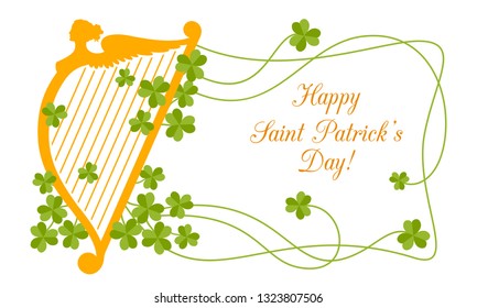 Vector greeting card with orange harp silhouette, clover leaves and quote "Happy Saint Patrick's Day!".