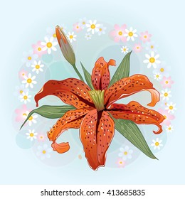 Vector greeting card with an orange Lily flower on floral background