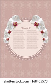 vector greeting card with orchids, may be used as a Women's Day backdrop 