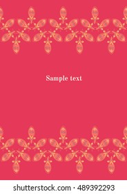 Vector greeting card with ornament seamless pattern of chicken tails on red background.