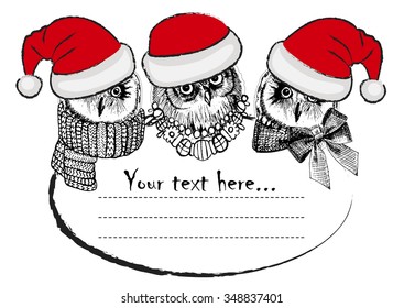 Vector greeting card with owls. Owls santas in hat.  Place for your text 2