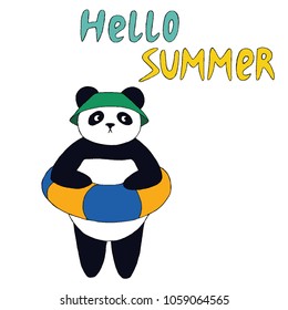 
Vector greeting card with a panda in a 
lifebuoy and panama with text hello summer, freehand illustration, doodle style