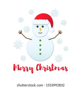Vector greeting card with paper art snowman with snowflakes and red text Merry Christmas. New Year poster.