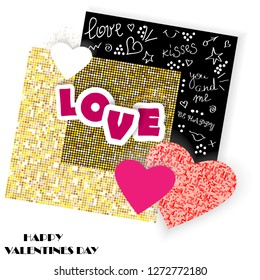 Vector greeting card with paper cut  hearts, scribble elements and golden texture. Romantic background for Valentine's Day and wedding invitations.