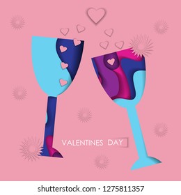 Vector greeting card with paper cut wine glasses. Romantic background for Valentine's Day and wedding invitations.