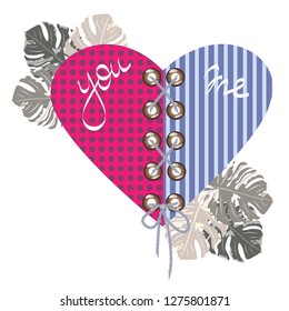 Vector greeting card with paper hearts, consisting of two halves and tropical leaves. Romantic background for Valentine's Day and wedding invitations.