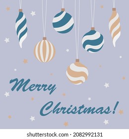 Vector greeting card in pastel colors. Flat gold, white, emerald hanging Christmas balls, stars and lettering isolated on gray blue background.

