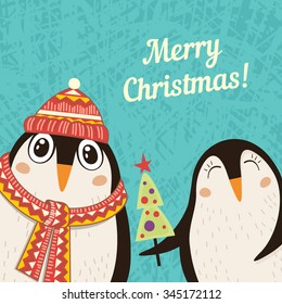 Vector greeting card with a penguins