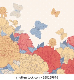 Vector greeting card with peony and butterflies in vintage style.
