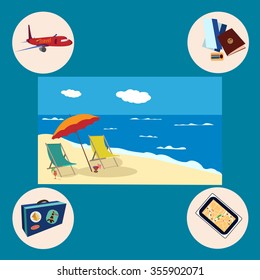 Vector greeting card with a picture of the beach and ocean