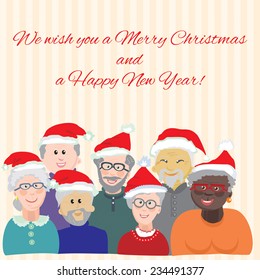 Vector greeting card with a picture of cheerful elderly people in Christmas hats