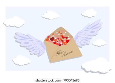 Vector greeting card with picture of paper envelope with wings, inside of which there are red hearts, against background of clouds. Mon Amour. Concept of valentines for Valentine's Day.