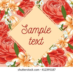 Vector greeting card with a picture of roses, lilies and apple blossoms to a substrate in a diamond and the inscription in the center