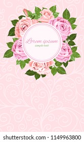 Vector greeting card with pink and beige roses wreath and round frame on the pink background, place for text. Floral design for decoration