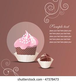 Vector greeting card with pink cake and sweet