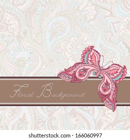 Vector greeting card with pink decorative butterfly on seamless paisley pattern in pastel colors.