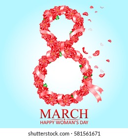 Vector greeting card with pink flowers and ribbon. 8 march - Happy woman's day