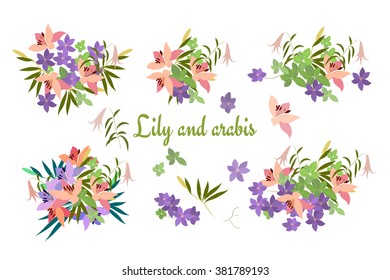 Vector greeting card with pink lily and violet arabis flower arrangement for your celebration