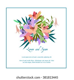 Vector greeting card with pink lily and violet arabis flower arrangement for your celebration