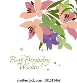 Vector greeting card with pink lily and violet arabis flower arrangement for your celebration