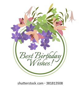 Vector greeting card with pink lily and violet arabis flower arrangement for your celebration