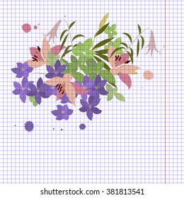 Vector greeting card with pink lily and violet arabis flower arrangement for your celebration