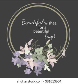 Vector greeting card with pink lily and violet arabis flower arrangement for your celebration