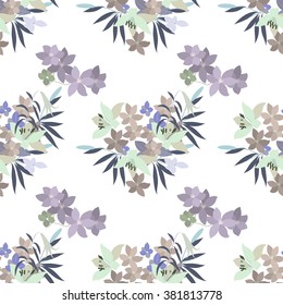 Vector greeting card with pink lily and violet arabis flower arrangement for your celebration