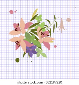 Vector greeting card with pink lily and violet arabis flower arrangement for your celebration