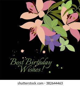 Vector greeting card with pink lily and violet arabis flower arrangement for your celebration