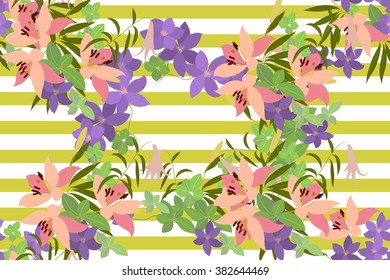 Vector greeting card with pink lily and violet arabis flower arrangement for your celebration