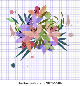 Vector greeting card with pink lily and violet arabis flower arrangement for your celebration