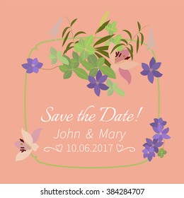 Vector greeting card with pink lily and violet arabis flower arrangement for your celebration