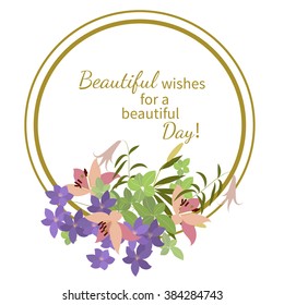 Vector greeting card with pink lily and violet arabis flower arrangement for your celebration