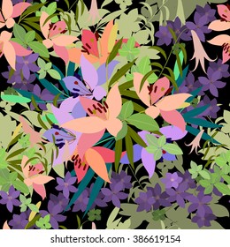 Vector greeting card with pink lily and violet arabis flower arrangement for your celebration