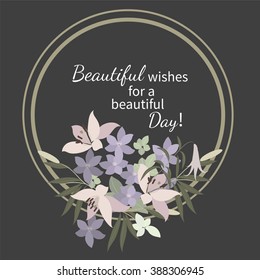 Vector greeting card with pink lily and violet arabis flower arrangement for your celebration