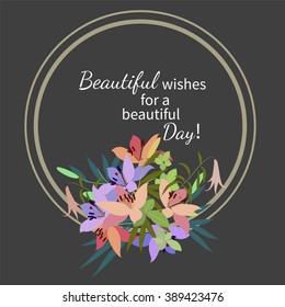 Vector greeting card with pink lily and violet arabis flower arrangement for your celebration
