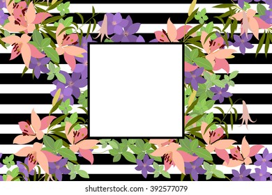 Vector greeting card with pink lily and violet arabis flower arrangement for your celebration