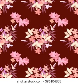 Vector greeting card with pink lily and violet arabis flower arrangement for your celebration