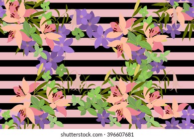 Vector greeting card with pink lily and violet arabis flower arrangement for your celebration